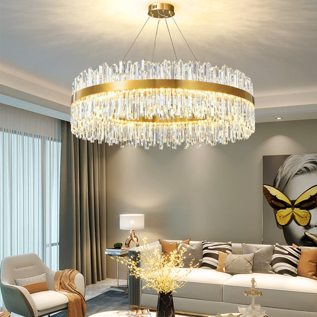 Ver imagem 3 de Lustre Pendente 100cm 224 Cristais Led 3 Cores 120w Redondo Luminária Teto Gimpo Kjdd-l-392-100cm