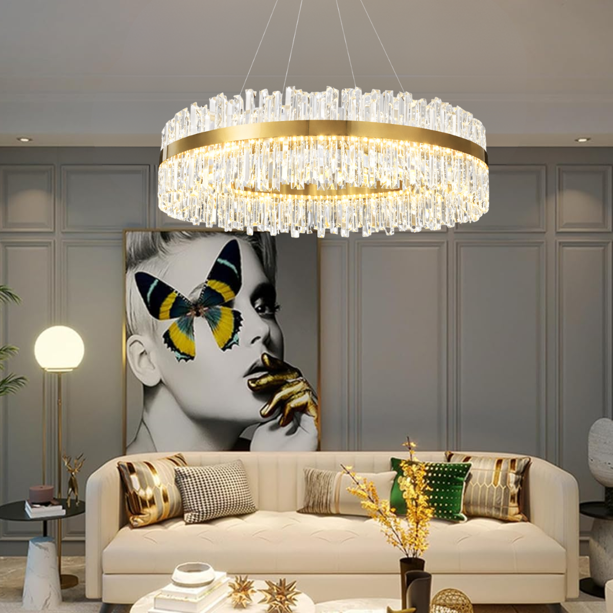 Lustre Pendente 100cm 224 Cristais Led 3 Cores 120w Redondo Luminária Teto Gimpo Kjdd-l-392-100cm - 8