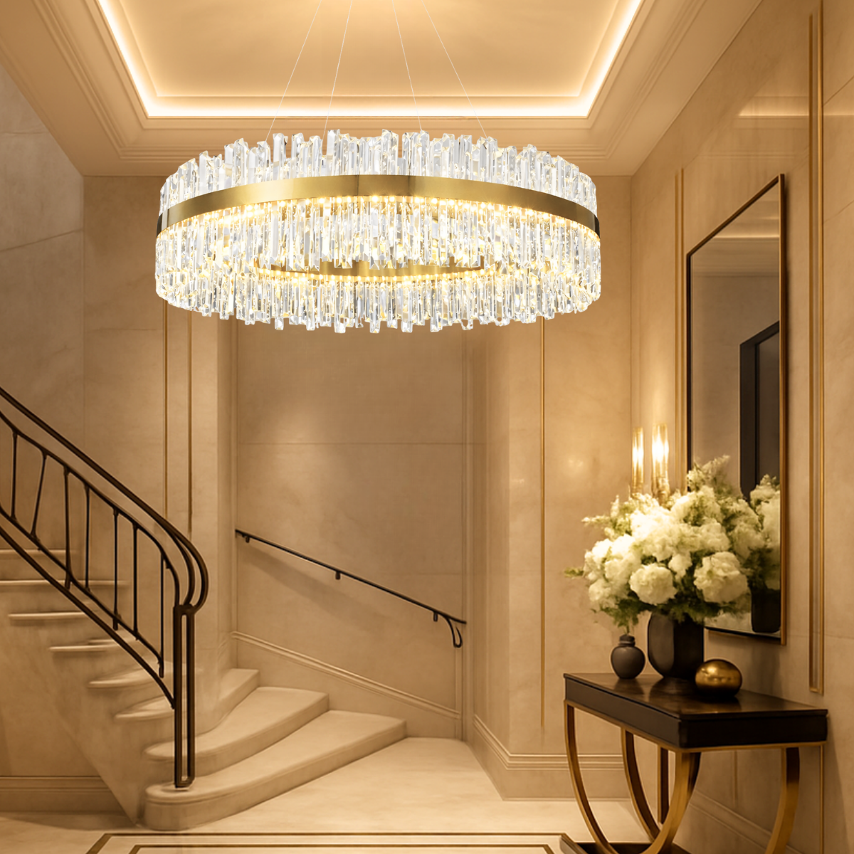 Lustre Pendente 100cm 224 Cristais Led 3 Cores 120w Redondo Luminária Teto Gimpo Kjdd-l-392-100cm - 6