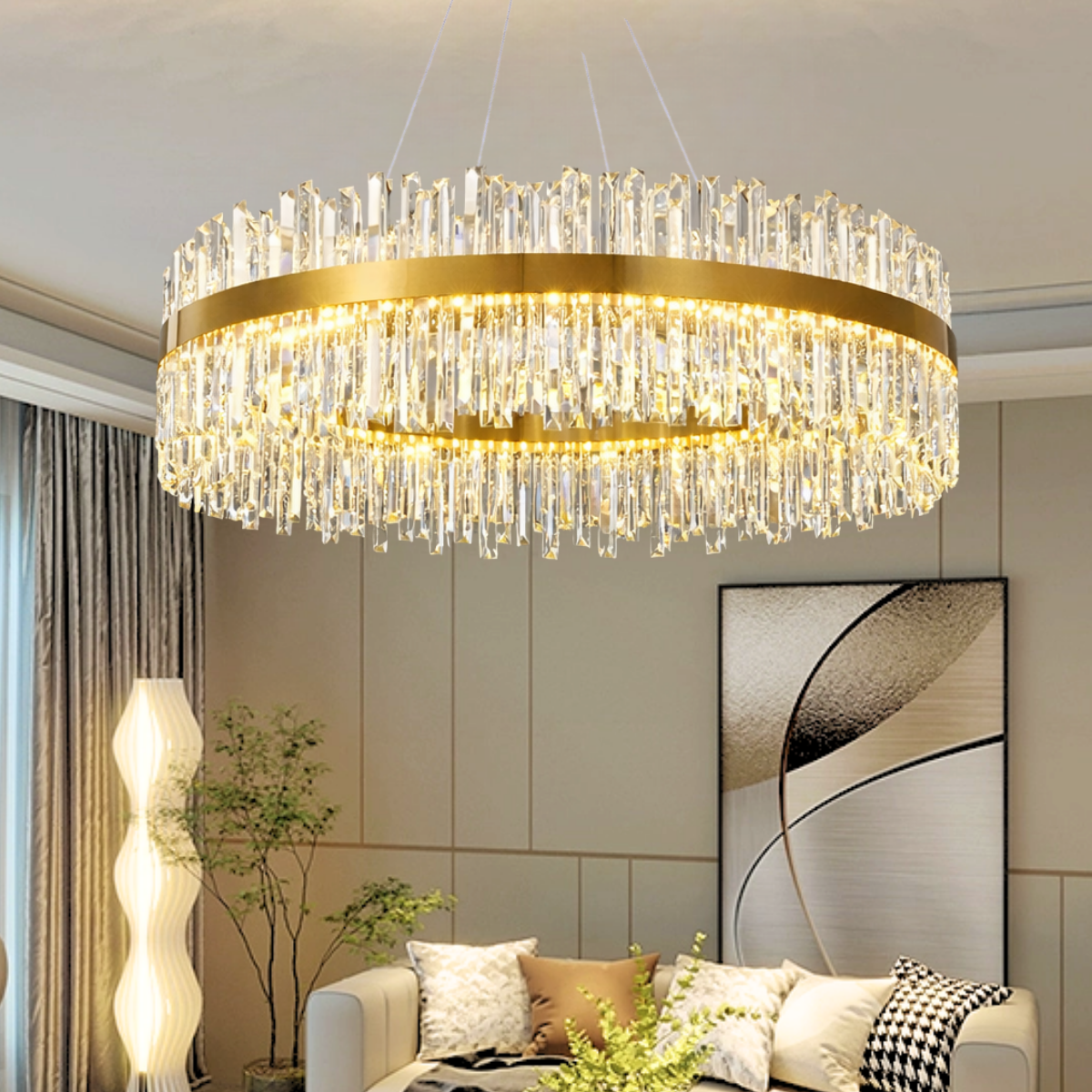 Lustre Pendente 100cm 224 Cristais Led 3 Cores 120w Redondo Luminária ...