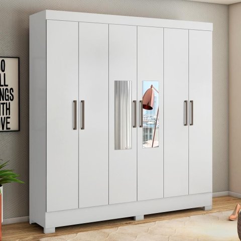 Guarda Roupa Casal Ferrara 6 Portas 3 Gavetas MDP com Espelho Branco Demóbile