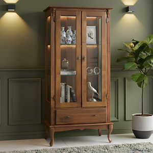 Cristaleira de Madeira 2 Portas 1 Gaveta Fundo com Espelho Pés Luiz