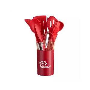 Kit 12 Utensílios de Cozinha em Silicone e Cabo de Madeira Resistente Ao Calor - Vermelho