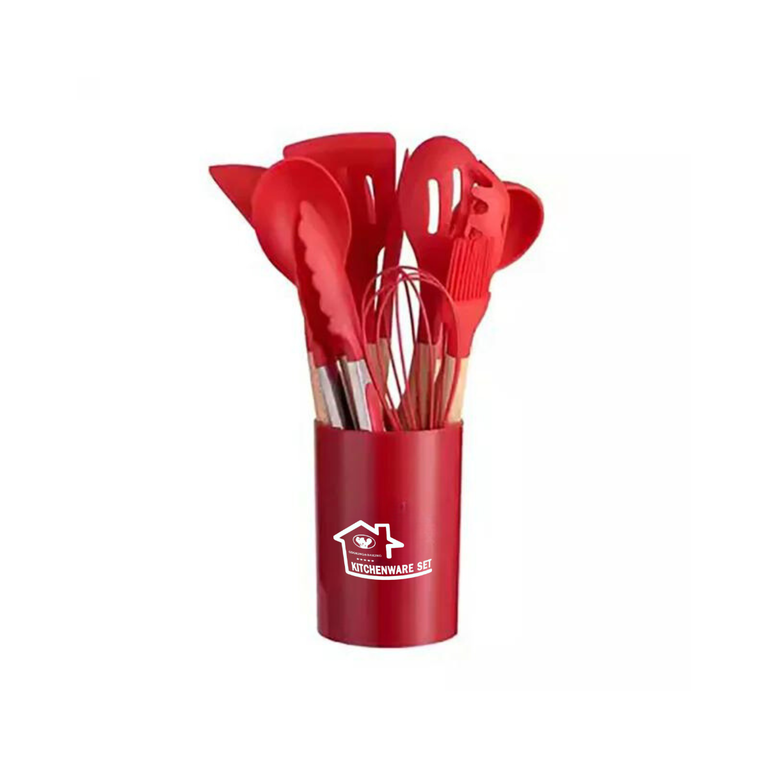 Kit 12 Utensílios de Cozinha em Silicone e Cabo de Madeira Resistente Ao Calor - Vermelho
