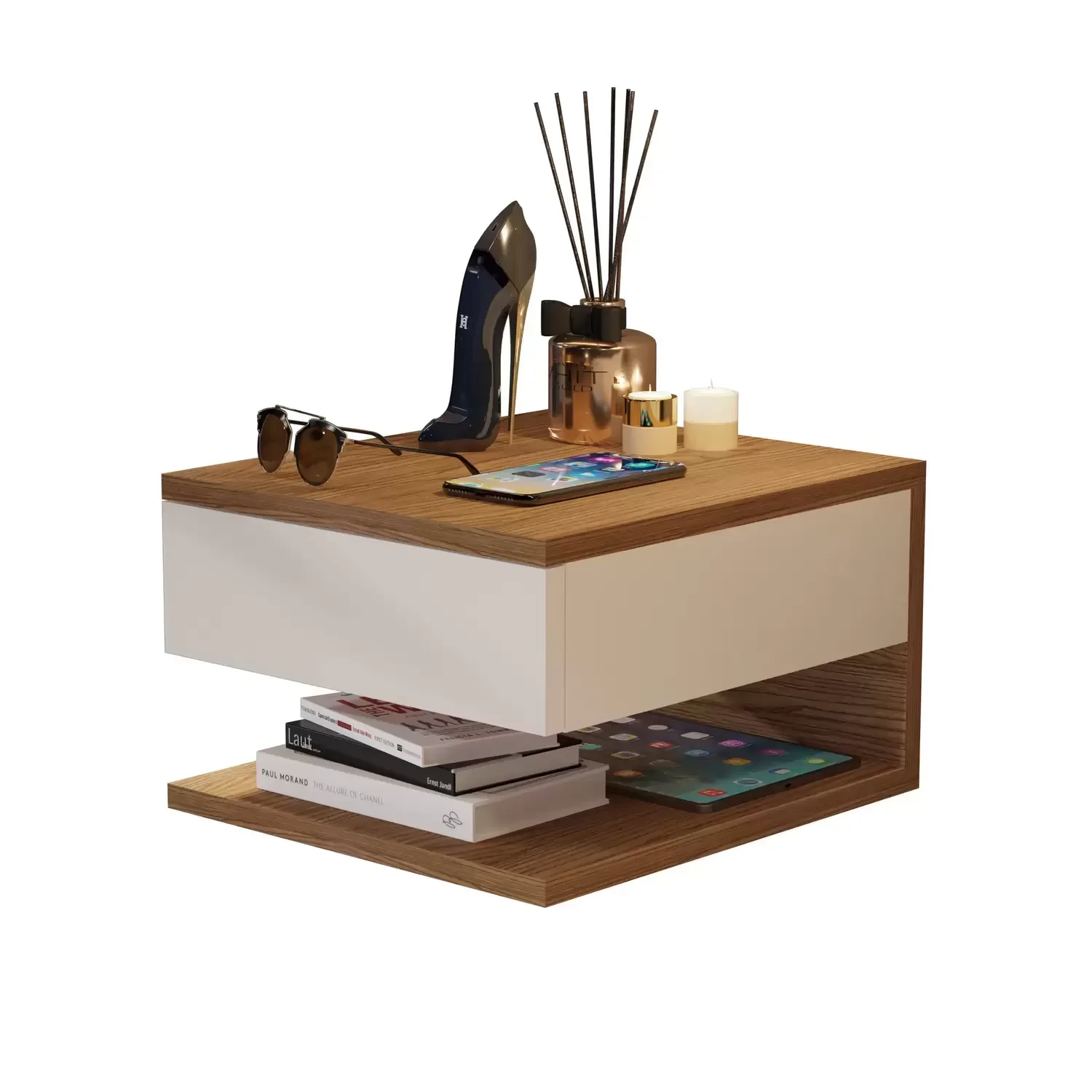 Ver imagem 2 de Kit Duas Mesas De Cabeceira Suspensa Com Corrediças Metálicas - GD - Freijó Com Off White - Lojas GD