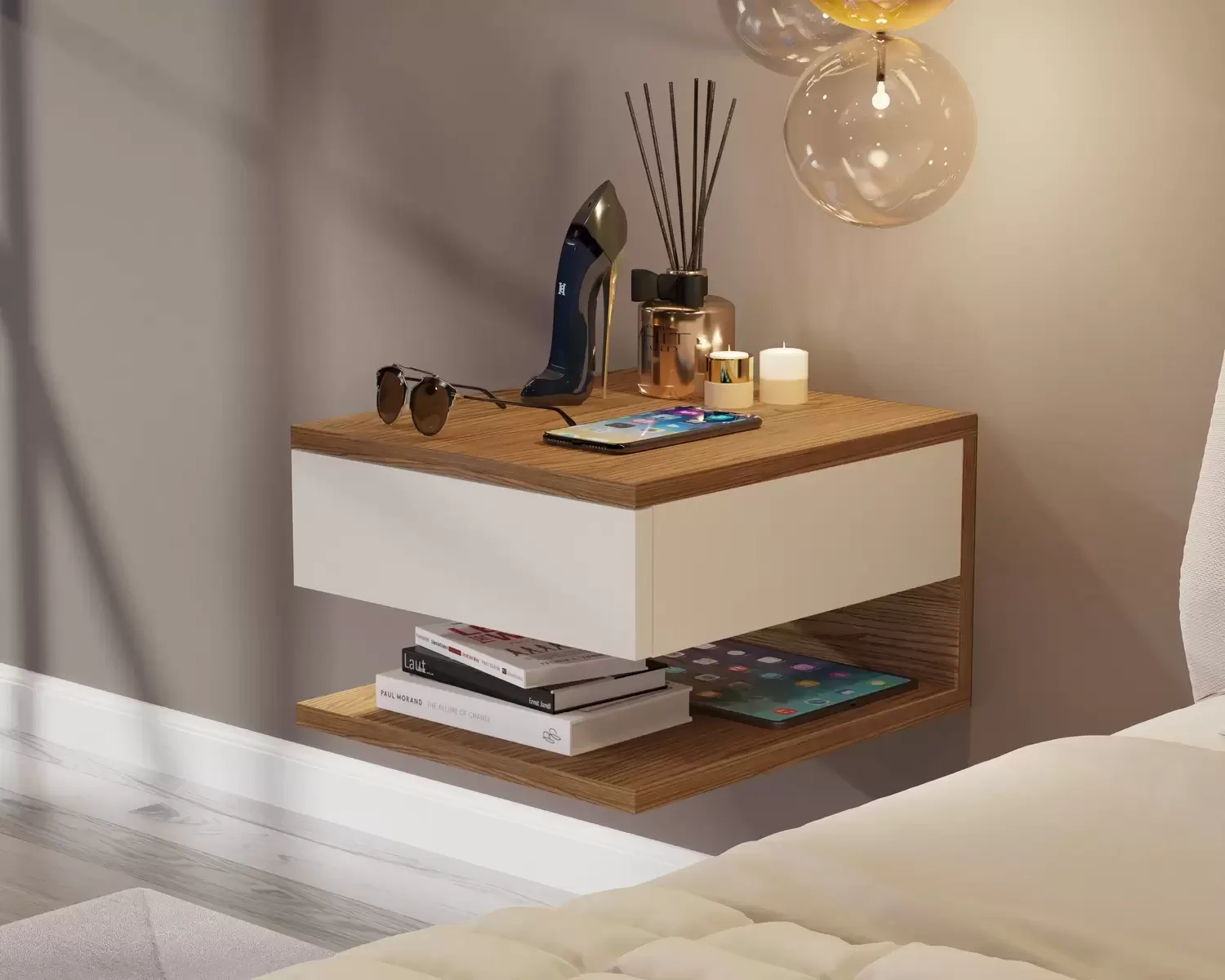Ver imagem 3 de Kit Duas Mesas De Cabeceira Suspensa Com Corrediças Metálicas - GD - Freijó Com Off White - Lojas GD