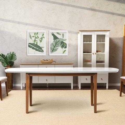 Mesa Oval 8 Lugares 2,0m Tampo Vidro e MDF Tiê CabeCasa MadeiraOriginals Marrom