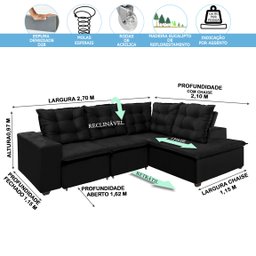 Sofá de Canto Montreal Retrátil, Reclinável, 4 Lugares 2,70x2,10 Metros, Chaise Fixo, Pillow Top, Pr - 4