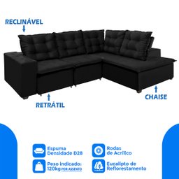 Sofá de Canto Montreal Retrátil, Reclinável, 4 Lugares 2,70x2,10 Metros, Chaise Fixo, Pillow Top, Pr - 3