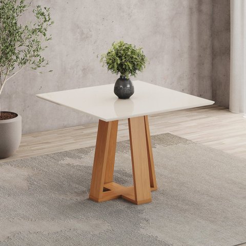 Mesa de Jantar 4 Lugares 90cm Tampo MDF com Vidro Canto Reto Lisa