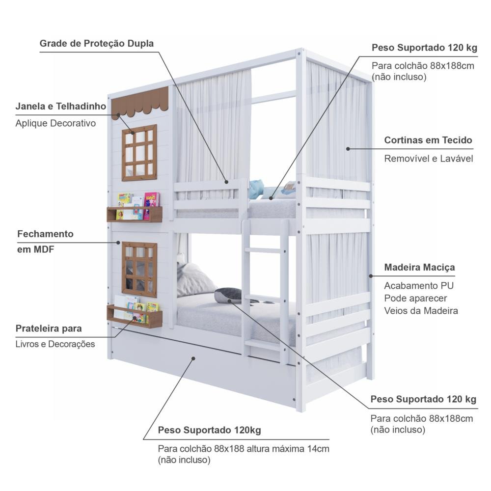 Treliche Casinha Reta com 02 Janelas e Cortina Madeira Maciça Branco/ Amêndoa Housin - 3