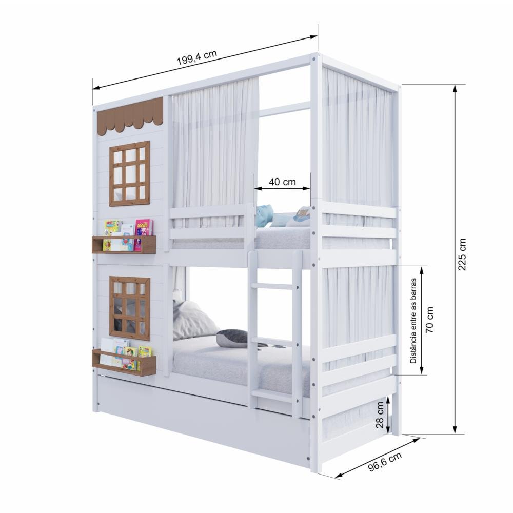 Treliche Casinha Reta com 02 Janelas e Cortina Madeira Maciça Branco/ Amêndoa Housin - 4