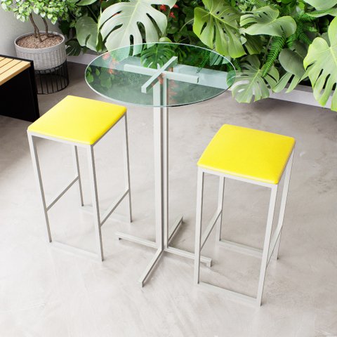 Conjunto Mesa Alta Bar Bistrô Redonda Vidro 2 Bancos Estofado Don Castro Decor