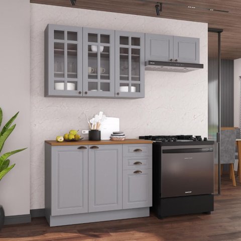 Armário de Cozinha Modulada Compacta Fidelitá Nara 100% MDF 3 Peças 200cm 8 Portas 2 Gavetas com