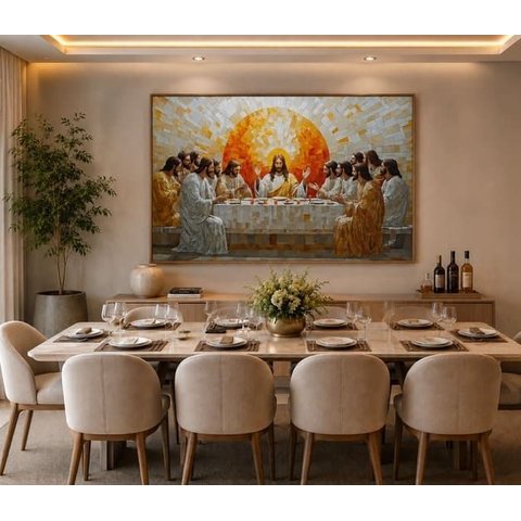 Quadro Santa Ceia Arte Religiosa Moderna 146x96cm Canvas e Moldura