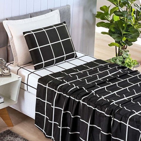 Jogo de Cama Lençol Minimalista Solteiro 03 Peças Micropercal 200 Fios Premium Preto