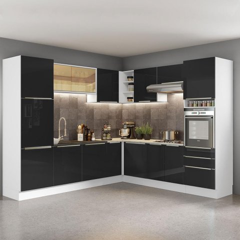 Armário de Cozinha Completa de Canto 546cm Branco/Preto Lux Madesa 03