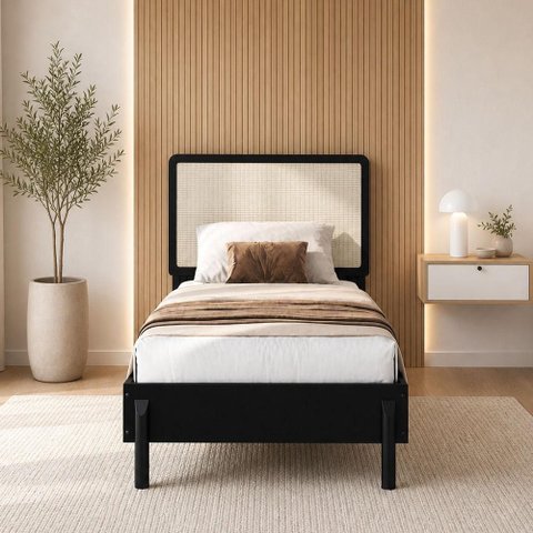 Cama Solteiro com Cabeceira Palhinha 88cm Moss A03 Nero - Lyam Decor