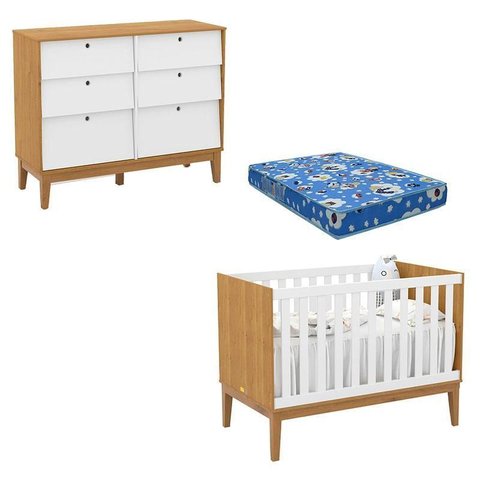 Berço Americano e Cômoda 6 Gavetas Unique Freijó Branco Soft Eco Wood com Colchão Ortobom -