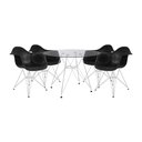 Ver imagem 1 de Mesa de Jantar Eames Eiffel Redonda Vidro 90cm com 4 Poltronas Pretas Ferro Branco