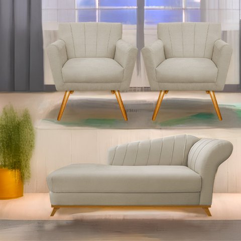 Kit Diva Recamier Vanessa 140cm Lado Esquerdo e 02 Poltronas Laura Suede - Doce Sonho Móveis RECAMIE