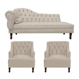 Kit Divã Cancun 185cm Braço Direito + 2 Poltronas Genesis com Strass Suede: Bege