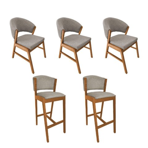 Kit 3 Cadeiras de Jantar Debora Madeira Maciça com 2 Banquetas Ana Cerejeira Premium Linho Bege