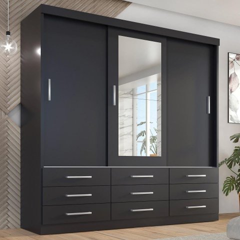 Guarda-Roupa Casal 3 Portas Correr 9 Gavetas com Espelho Capri