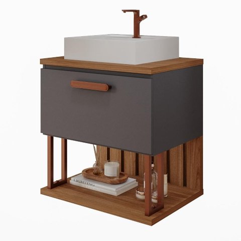 Gabinete Suspenso para Banheiro com Cuba 60cm em MDF Duna MGM Marrom Cinza