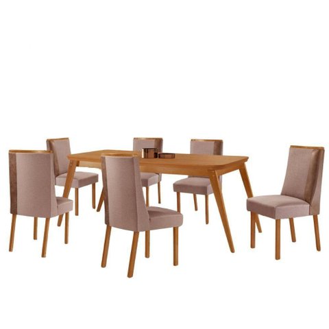 Mesa de Jantar Copper Madeira com 6 Cadeiras Diane Moderna Linho Capuccino/tork/naturale