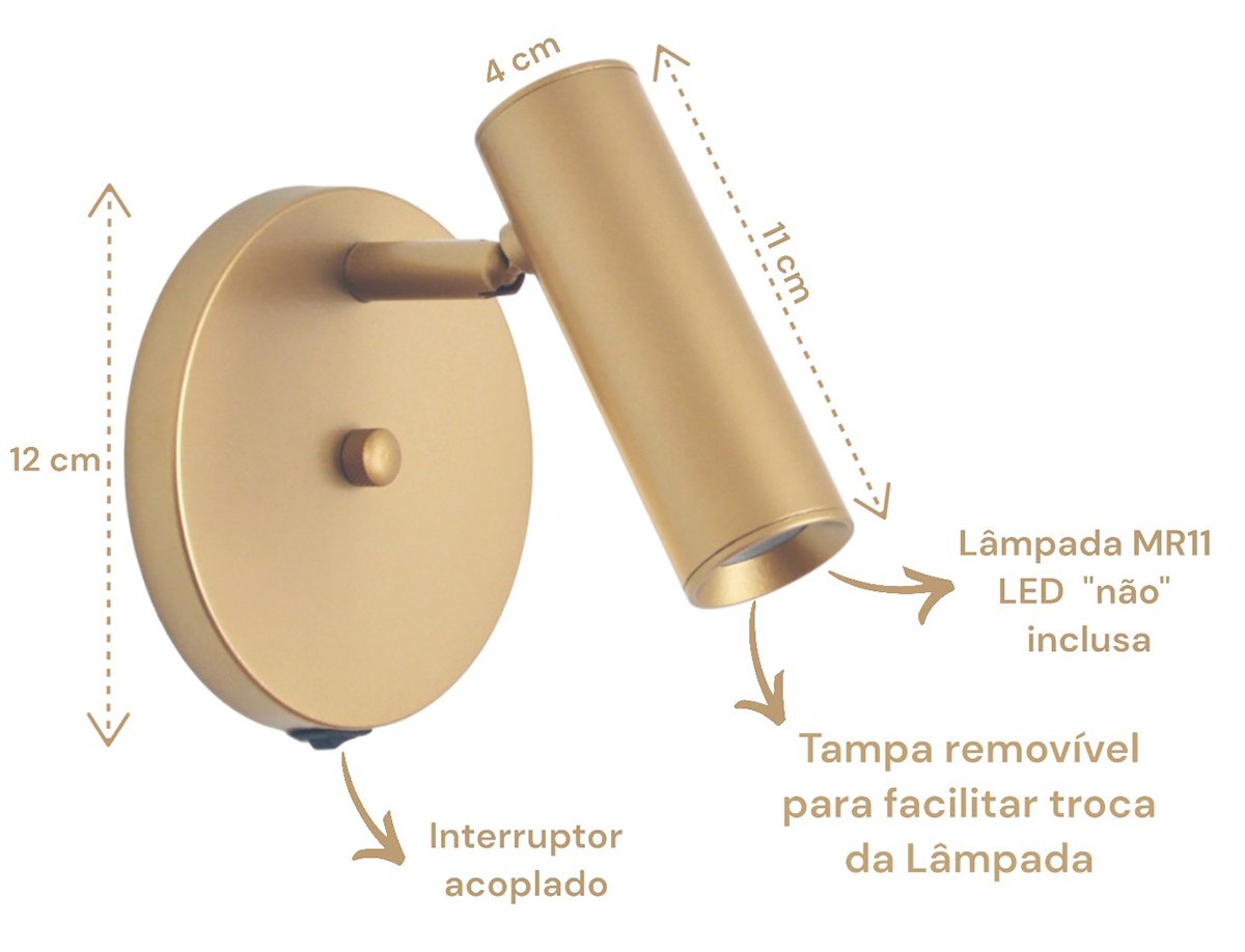 Arandela Tubo Articulada Foco Dourada C/ Interruptor.:dourado - 4