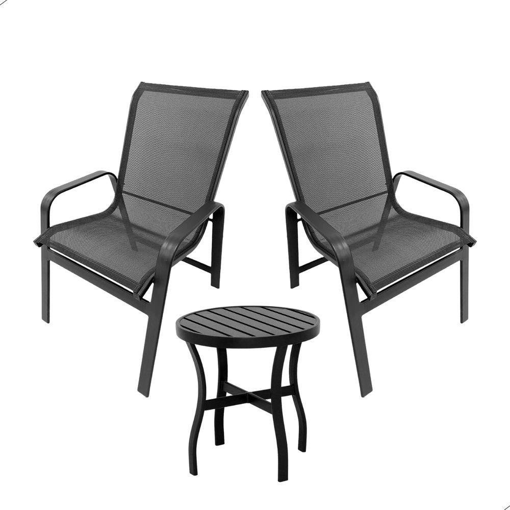 Jogo de Mesa com 2 Poltronas Cadeiras de Varanda Sacada Preto