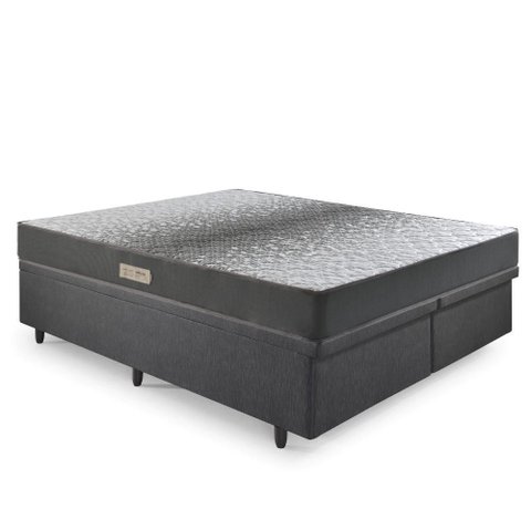 Cama Baú Queen 158x198 Courino Linho Preto com Dual Firm Espuma Ecoflex