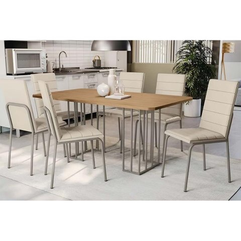 Sala de Jantar Completa Duina C/ Tampo de Madeira 160cm e 6 Cadeiras Amsterdã Niquel/freijo -