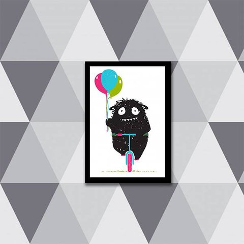 Quadro Monstrinho com Balão 24x18cm - com vidro:Madeira branca