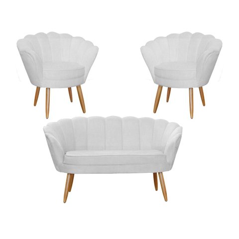 Kit Namoradeira + 2 Poltronas Decorativa Pétala Couro Branco Pés Madeira Ms Decor