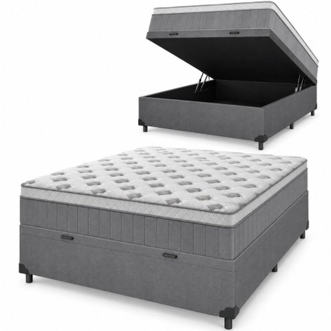 Cama Box Baú Casal Colchão Molas Ensacadas Ômega 138x188x73cm Cinza / Branco Hellen