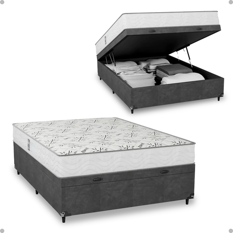 Cama Box Baú Casal Suede Cinza + Colchão D33 One Face Branco- e-Shop Casa