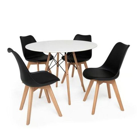 Conjunto Mesa Eiffel Eames Branco 90cm Com 04 Cadeiras Leda Preto