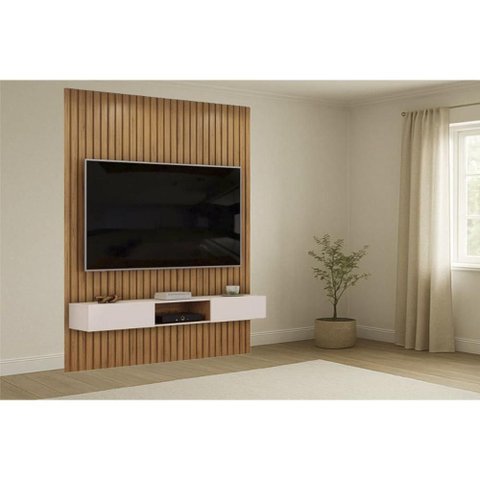 Rack Bancada C/ Painel P/ Tv Trento 183x240cm Freijo/off White - Dj Móveis