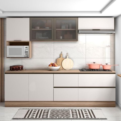 Cozinha Completa Etna 7 Peças Balcão Cooktop Poliman Móveis Carvalho Oak e Off White