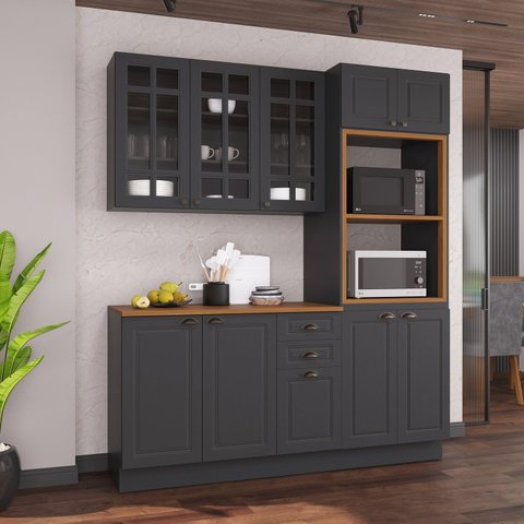 Cozinha Modulada 3 Peças 1 Torre Quente 1 Balcão com Tampo 1 Aéreo 100% MDF com Vidro Rodapé Bari
