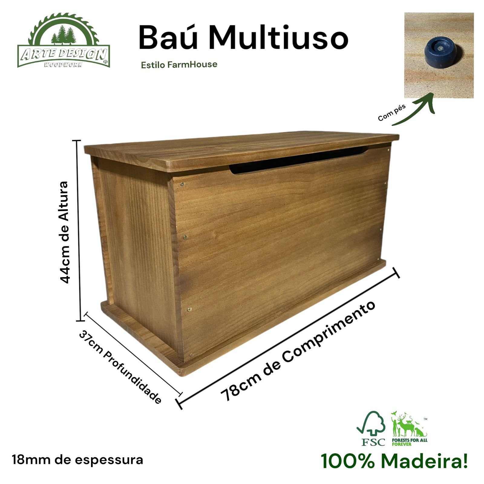 Baú de Madeira Multiuso Castanho Organizador Madeira Maciça Arte Design Wood - 2