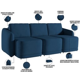 Sofá Cama para Sala de Estar 3 Lugares 276cm Montserrat K01 Veludo Azul Marinho - Lyam Decor - 4