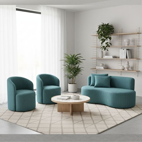 Conjunto Decorativo 02 Poltronas + Sofá Curvo Orgânico Nature Gaia Boucle Azul Turquesa - Montanaris