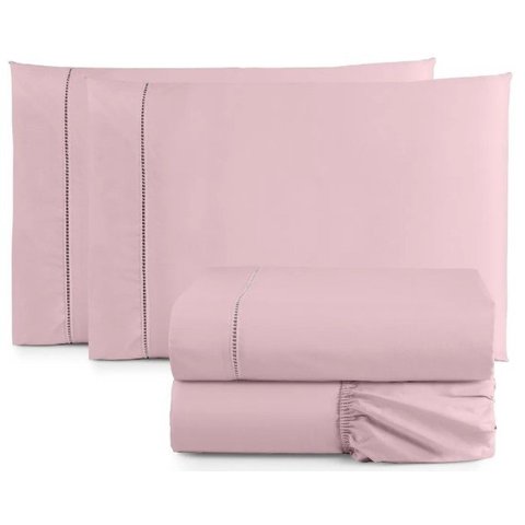 Jogo Lençol Casal Padrão 4 Peças Cama Box Ponto Palito 400 Fios Rosa
