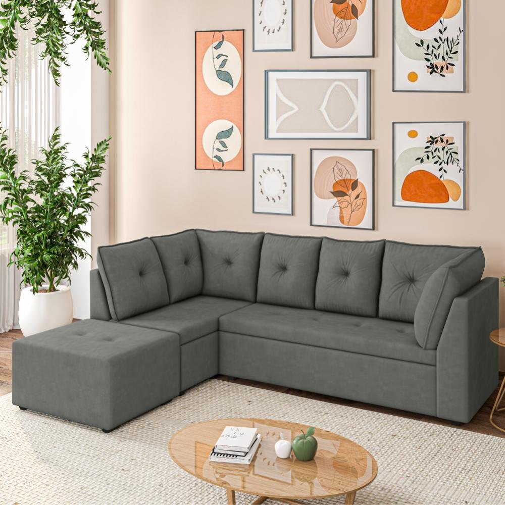Sofá de Canto com Puff 5 Lugares Vitória Suede Cinza | MadeiraMadeira
