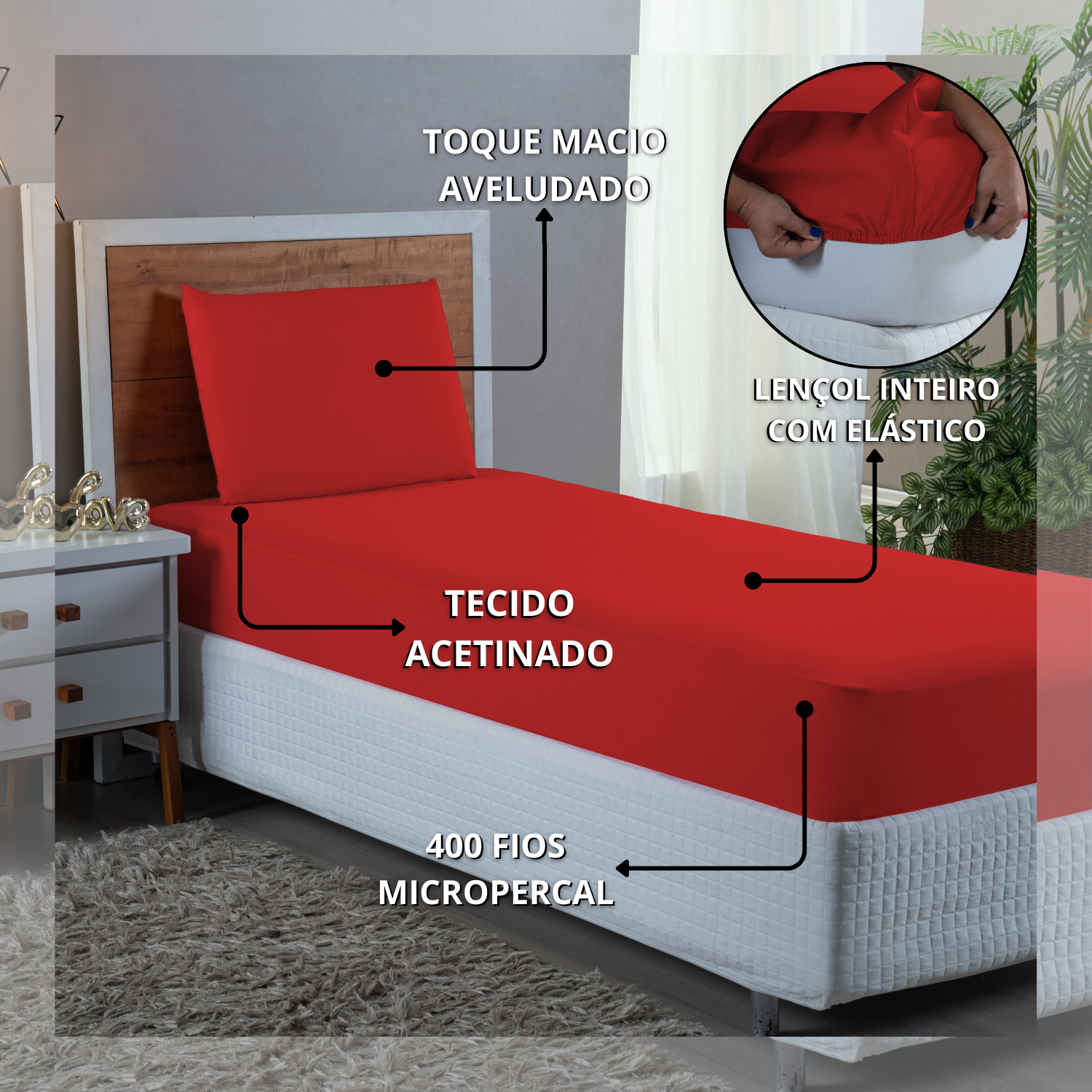 Kit Jogo de Cama Lençol Solteiro 400 Fios Poliéster Toque Macio 2 Peças:vermelho - 4