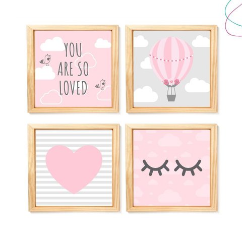 Kit com 4 Quadros Decorativos Infantil Balão Nuvens Menina:pinus