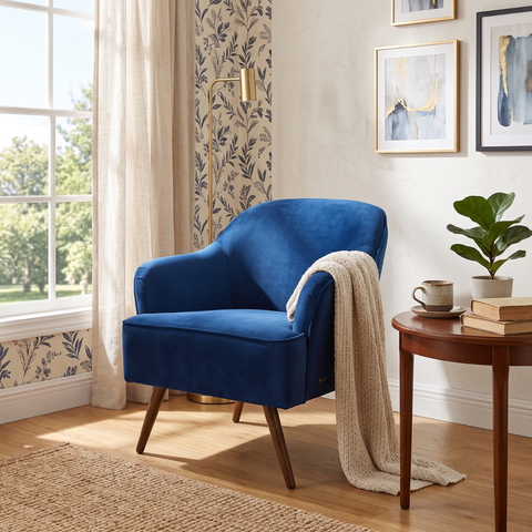 Poltrona Decorativa em Veludo Azul Pés Palitos em Madeira Maciça Sol Harmônica Móveis